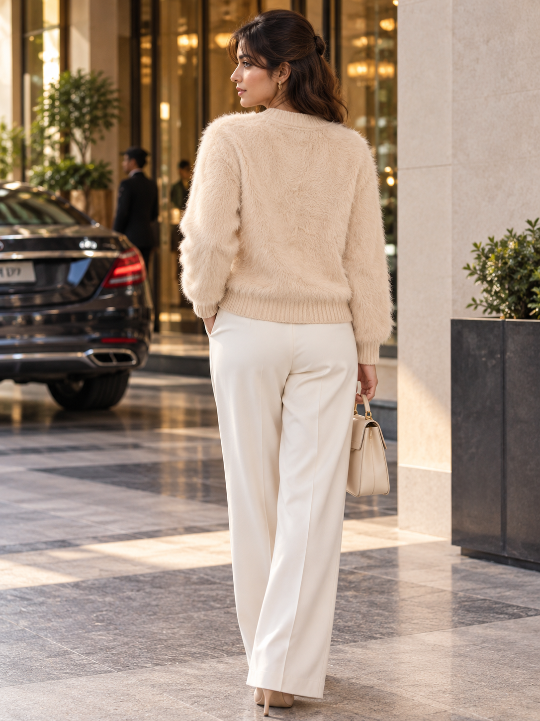 Light beige fuzzy pearl flower V-neck women's cardigan by Purple Imli – back view