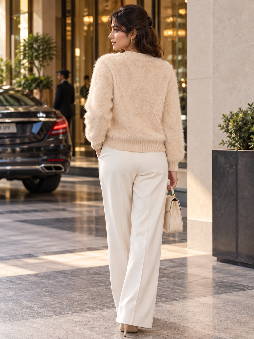 Light beige fuzzy pearl flower V-neck women's cardigan by Purple Imli – back view