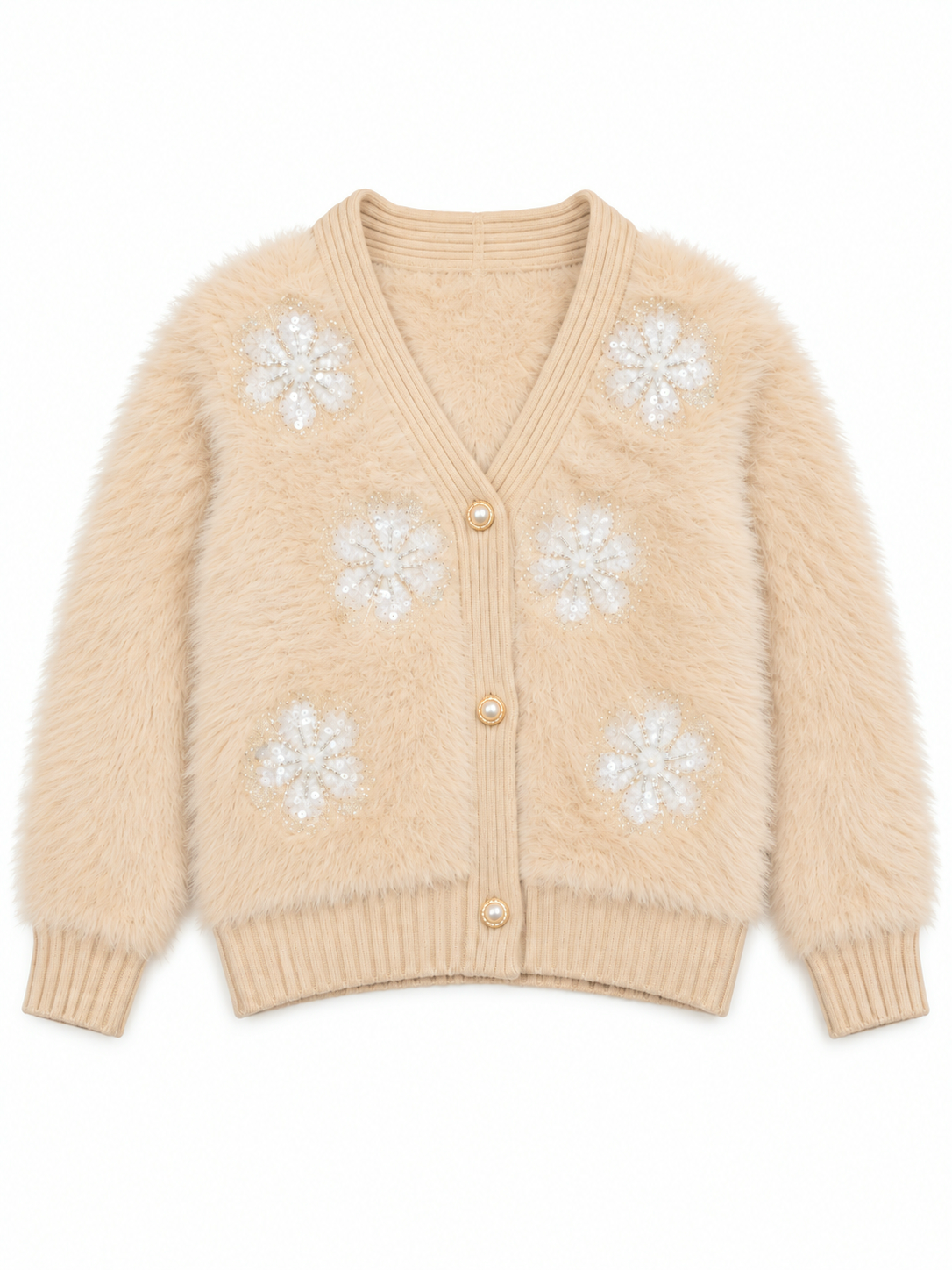 Light beige fuzzy pearl flower V-neck women's cardigan by Purple Imli – product shot