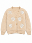 Light beige fuzzy pearl flower V-neck women's cardigan by Purple Imli – product shot
