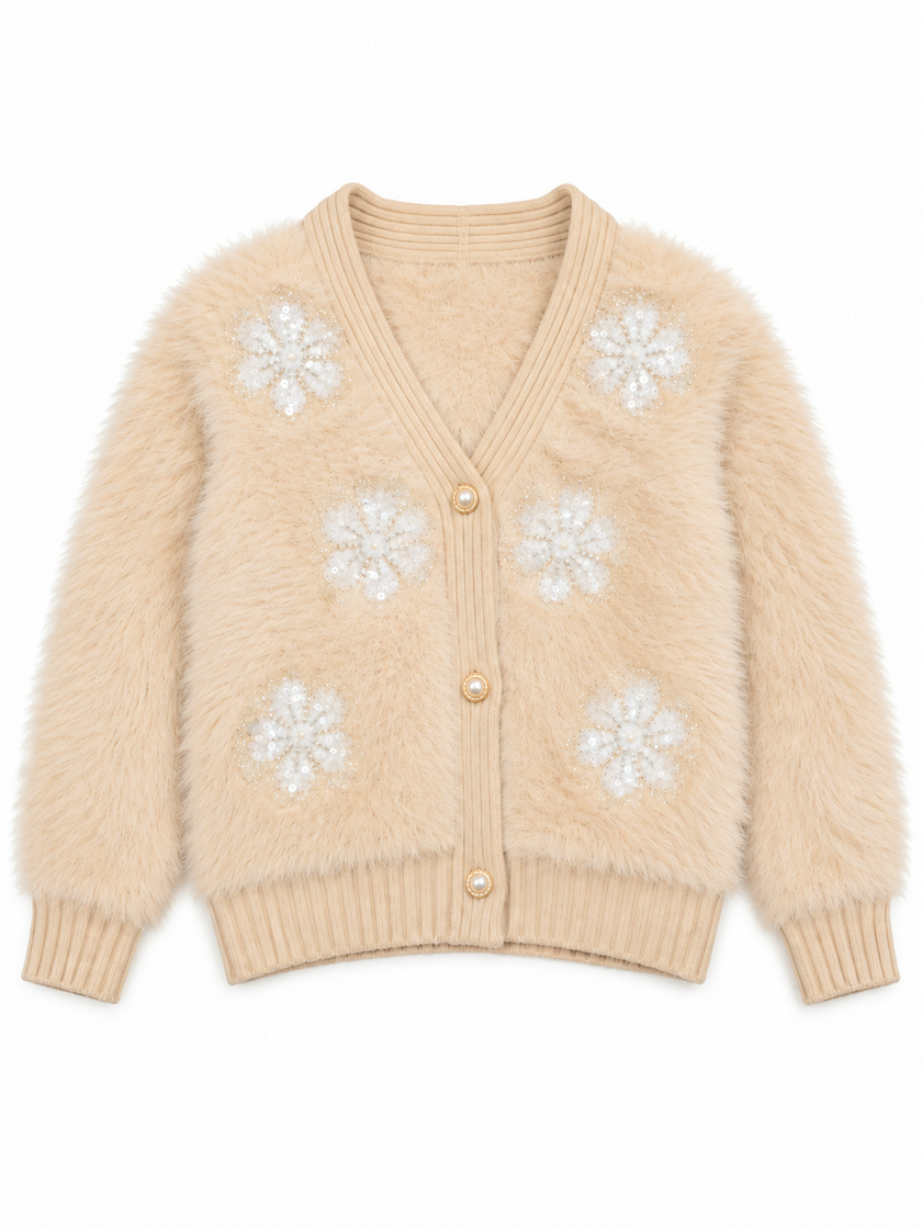 Light beige fuzzy pearl flower V-neck women's cardigan by Purple Imli – product shot