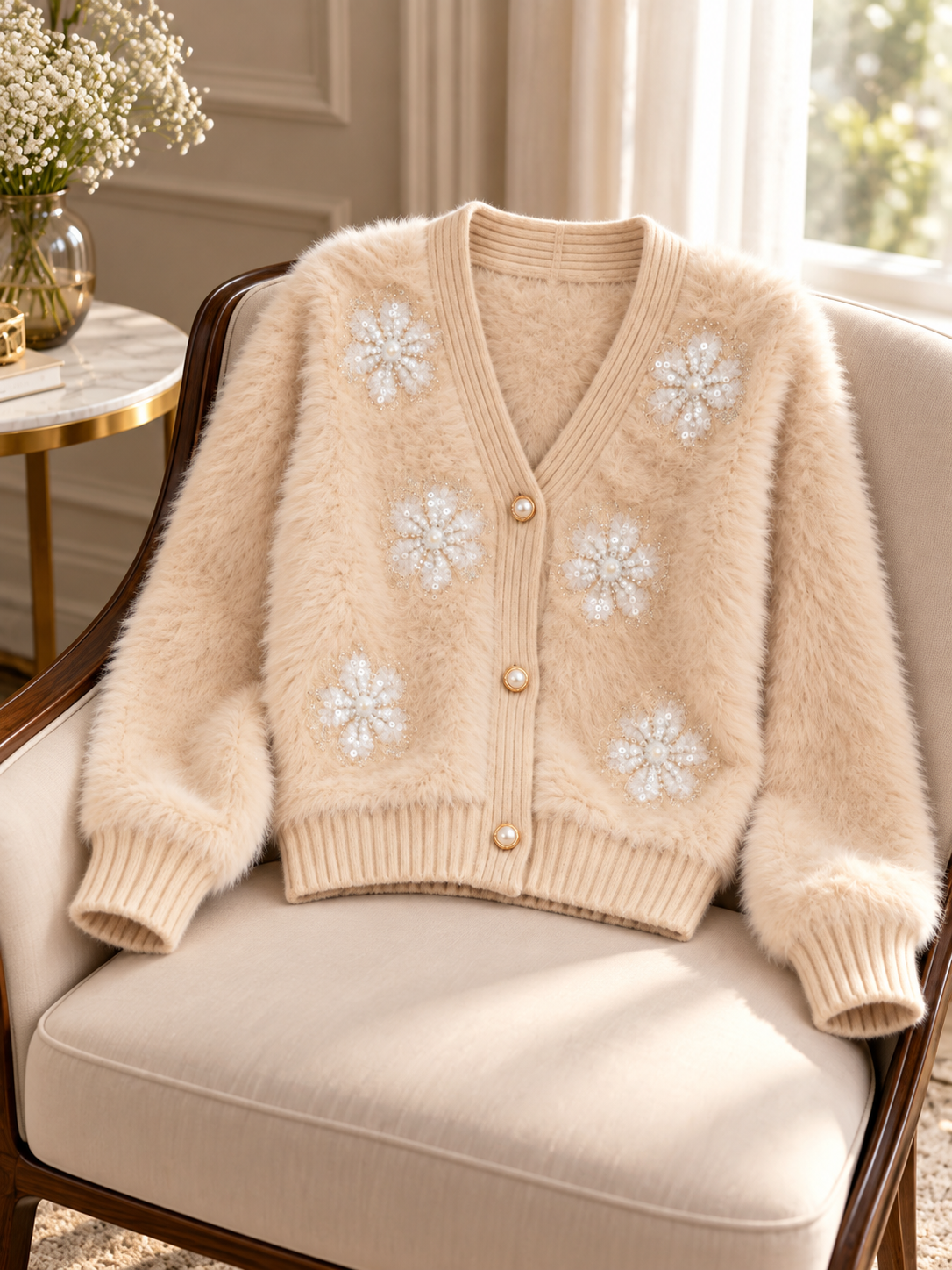 Close-up detail of light beige fuzzy pearl flower V-neck women's cardigan by Purple Imli