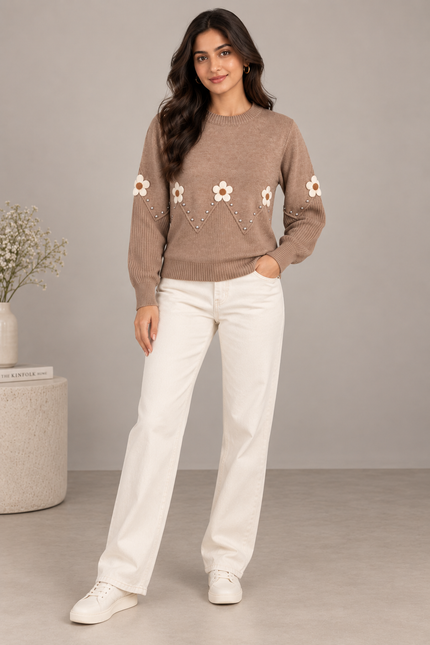 Light beige daisy and pearl women's sweater by Purple Imli – front view