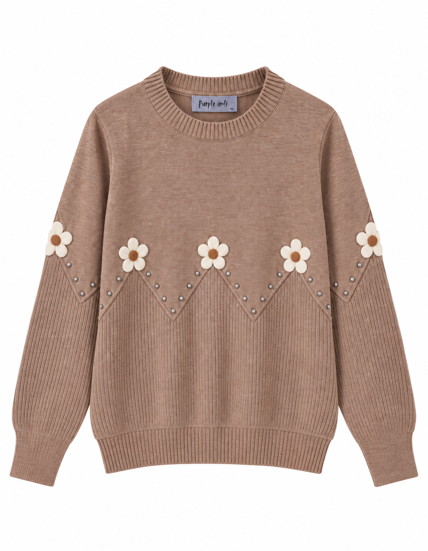 Light beige daisy and pearl women's sweater by Purple Imli – product shot