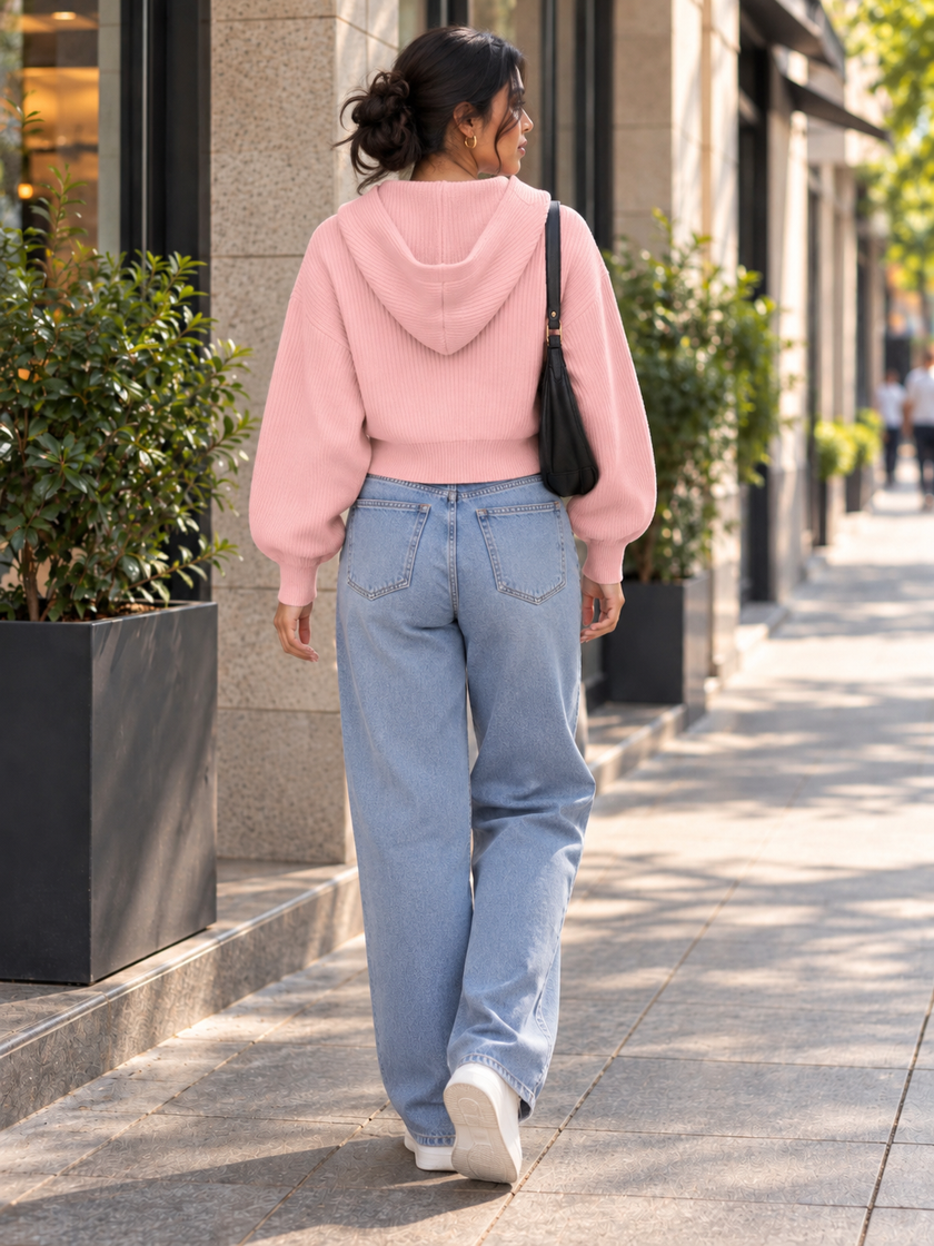 Light pink cropped ribbed zip women's hoodie by Purple Imli – back view