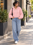 Light pink cropped ribbed zip women's hoodie by Purple Imli – front view
