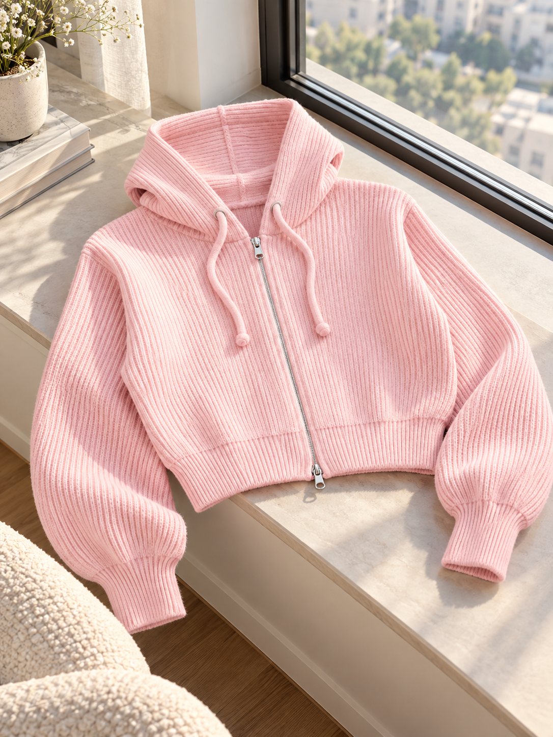 Close-up detail of light pink cropped ribbed zip women's hoodie by Purple Imli