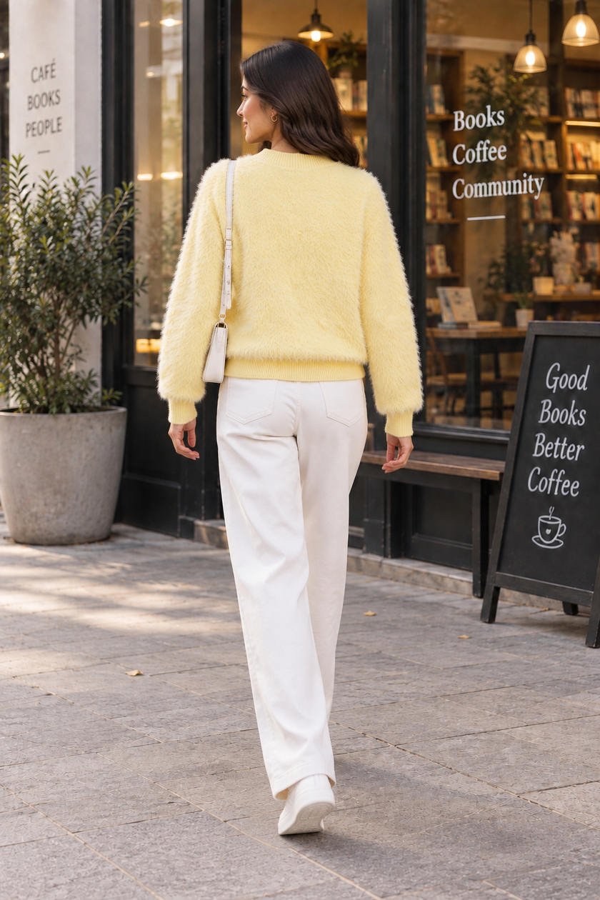 Light yellow fuzzy pearl flower women's cardigan by Purple Imli – back view