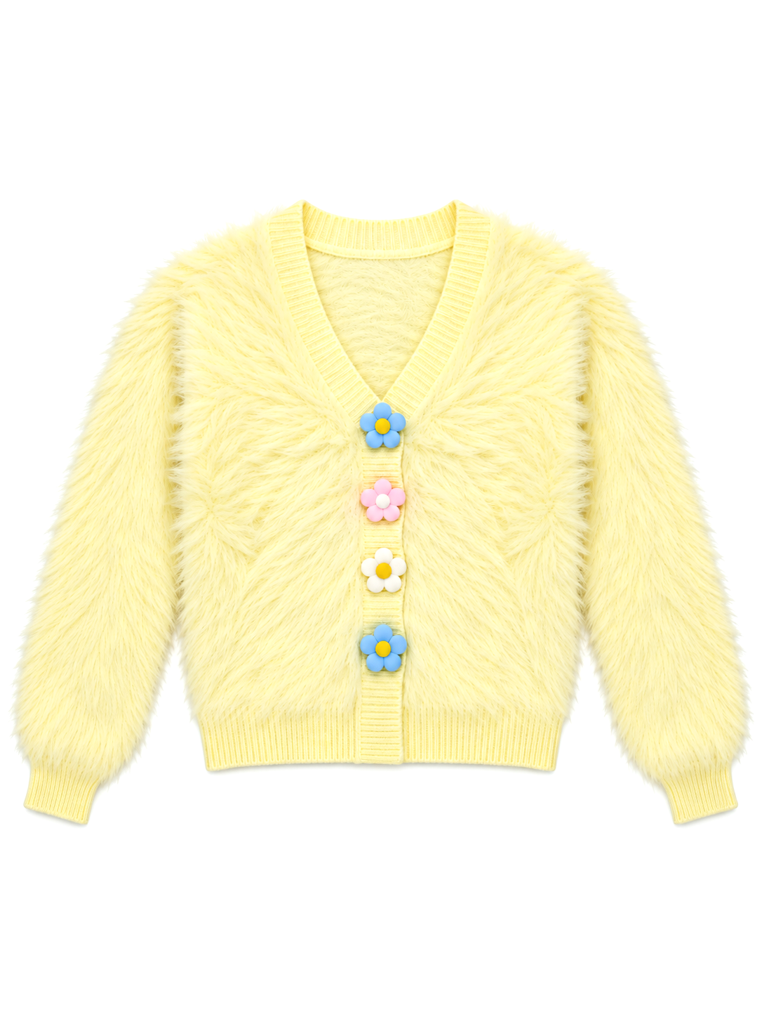 Light yellow fuzzy daisy button women's cardigan by Purple Imli – product shot