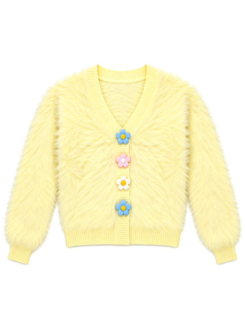 Light yellow fuzzy daisy button women's cardigan by Purple Imli – product shot