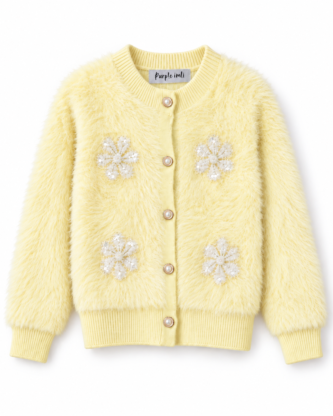 Light yellow fuzzy pearl flower women's cardigan by Purple Imli – product shot