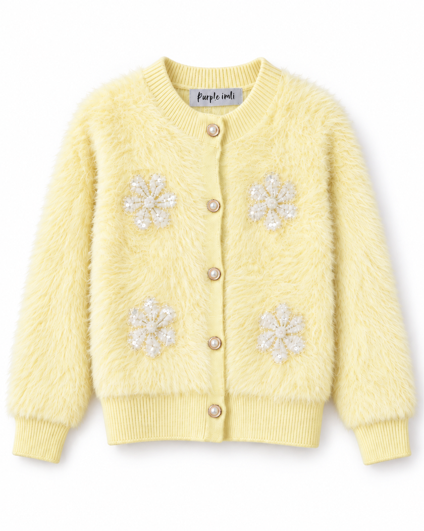 Light yellow fuzzy pearl flower women's cardigan by Purple Imli – product shot