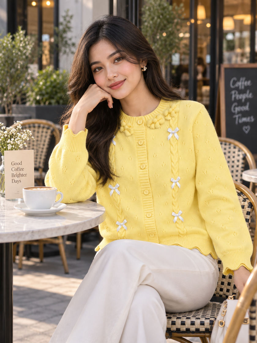 Woman wearing light yellow scalloped bow cardigan by Purple Imli in a city street look