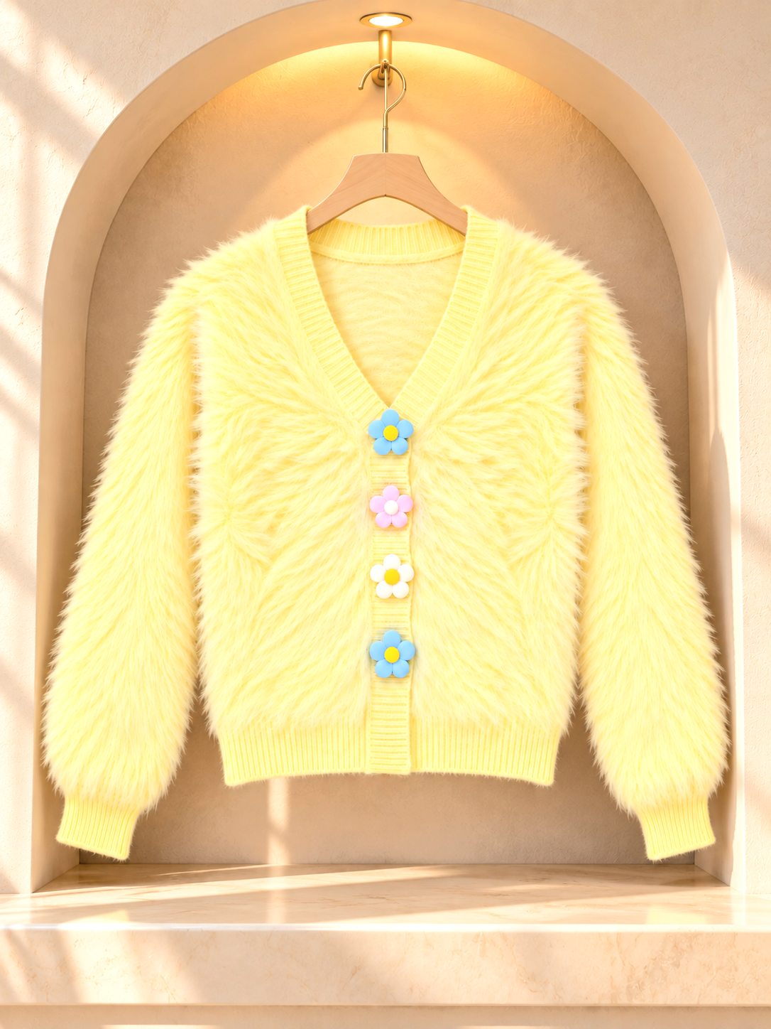 Close-up detail of light yellow fuzzy daisy button women's cardigan by Purple Imli