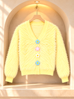 Close-up detail of light yellow fuzzy daisy button women's cardigan by Purple Imli