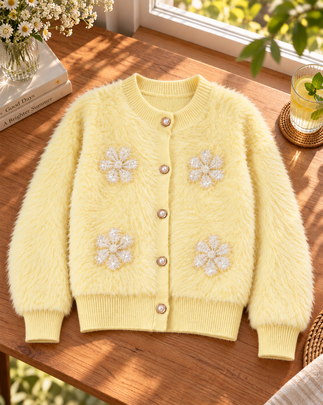 Close-up detail of light yellow fuzzy pearl flower women's cardigan by Purple Imli