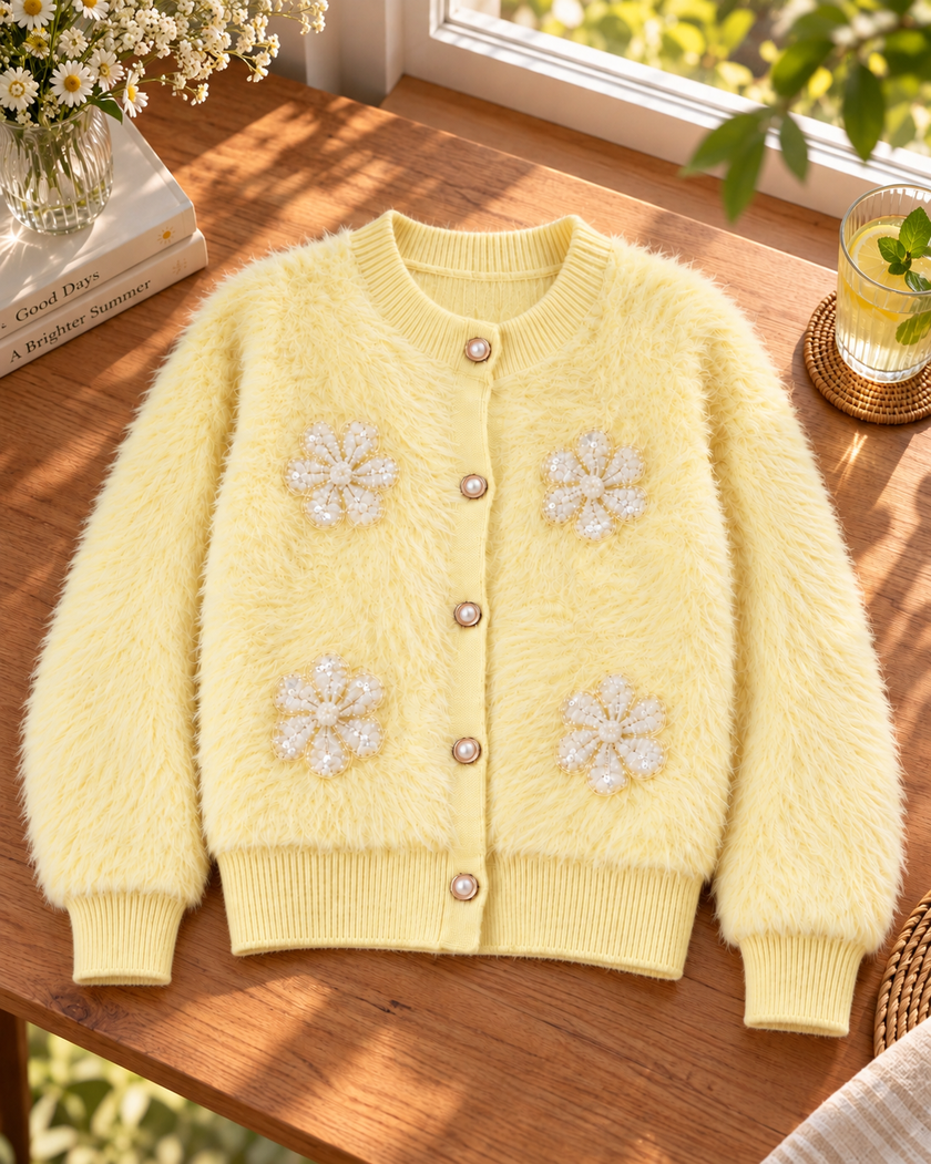 Close-up detail of light yellow fuzzy pearl flower women's cardigan by Purple Imli