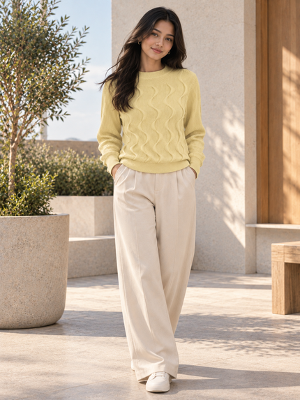 Light yellow wave cable knit women's sweater by Purple Imli – front view