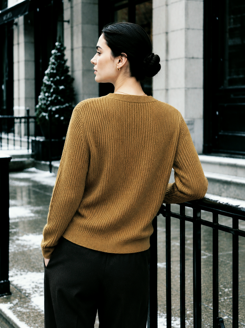 Mustard gold button ribbed women's cardigan by Purple Imli – back view