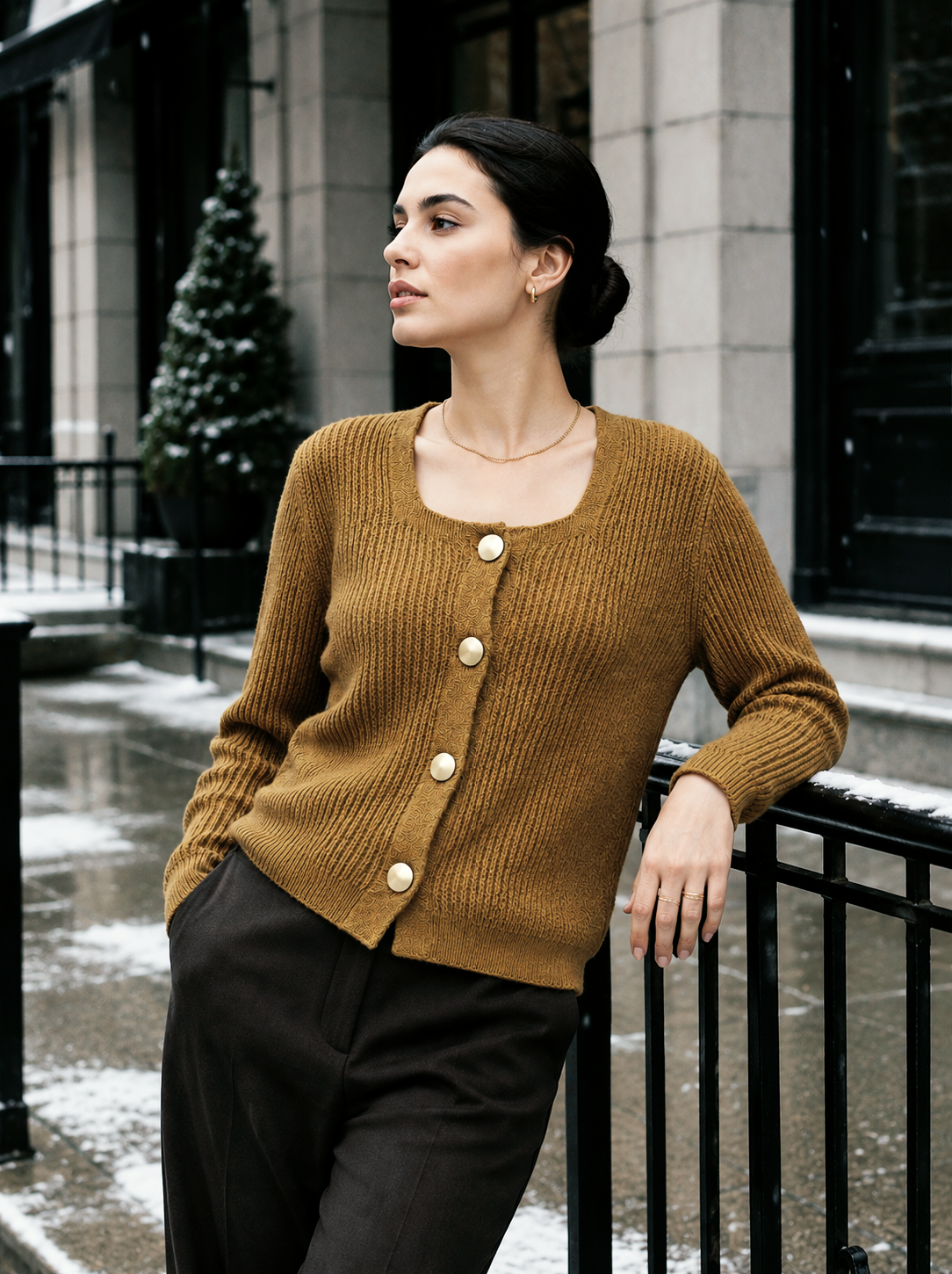 Mustard gold button ribbed women's cardigan by Purple Imli – front view