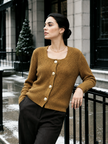 Mustard gold button ribbed women's cardigan by Purple Imli – front view