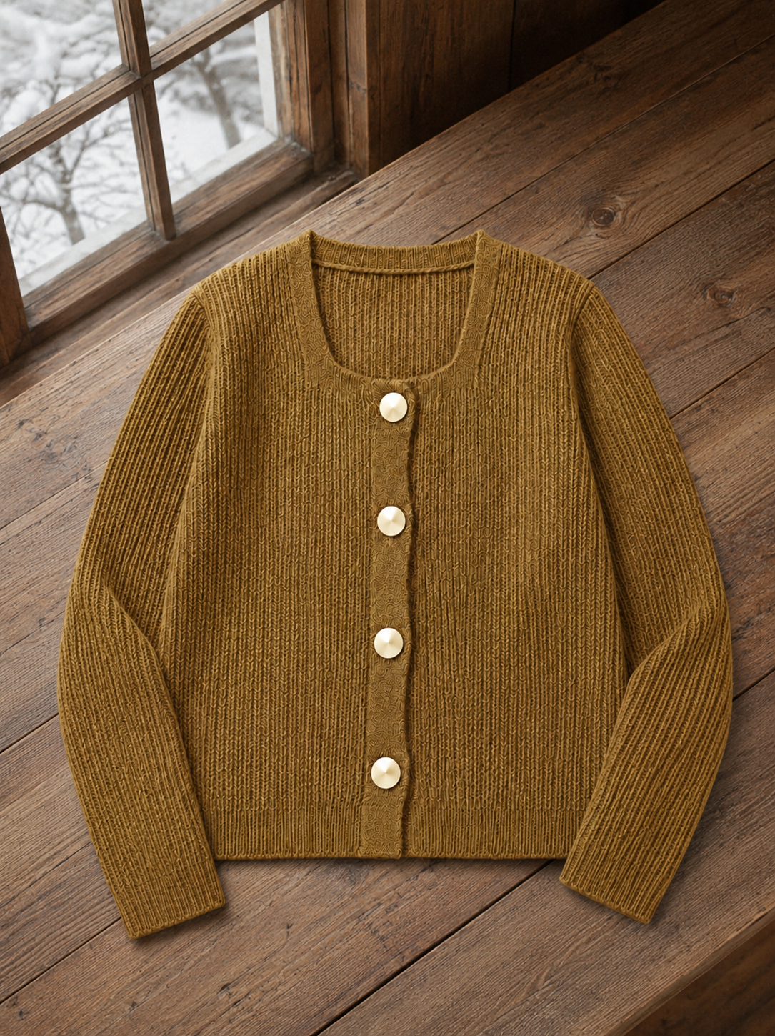 Close-up detail of mustard gold button ribbed women's cardigan by Purple Imli