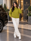 Olive green textured knit zip-up women's sweater by Purple Imli – front view
