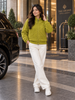 Olive green textured knit zip-up women's sweater by Purple Imli – front view