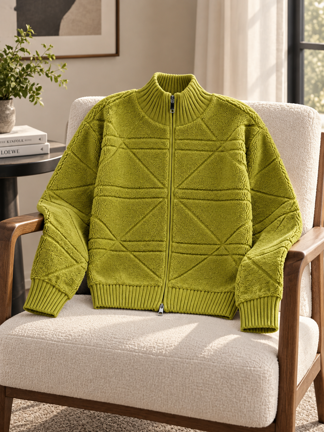 Close-up detail of olive green textured knit zip-up women's sweater by Purple Imli