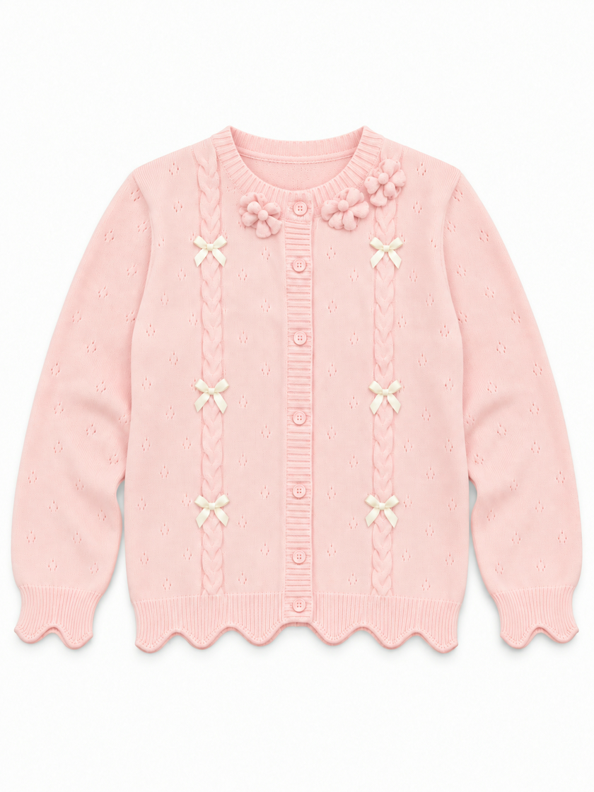 Pink scalloped bow women's cardigan by Purple Imli – product shot