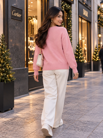 Pink 3D flower V-neck women's cardigan by Purple Imli – back view