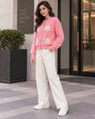 Pink fuzzy pearl flower women's cardigan by Purple Imli – front view