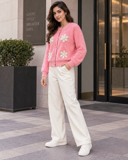 Pink fuzzy pearl flower women's cardigan by Purple Imli – front view