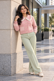 Pink striped pocket ruffle women's cardigan by Purple Imli – front view