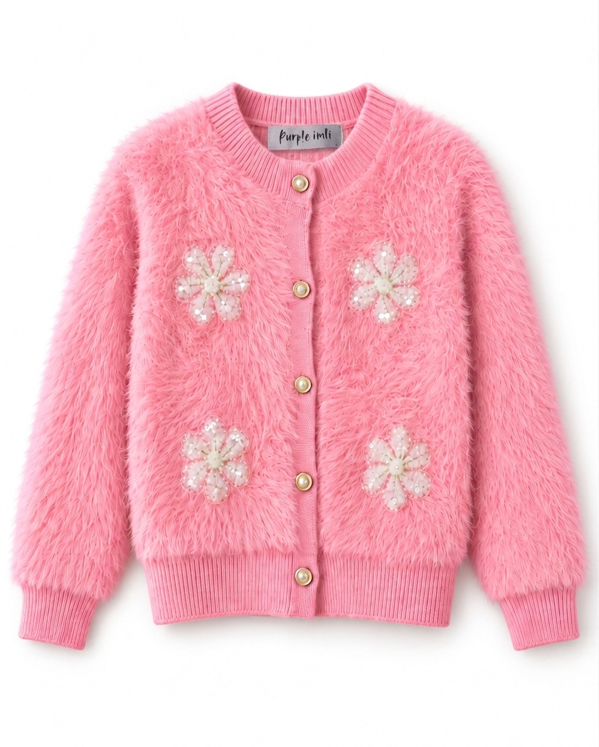 Pink fuzzy pearl flower women's cardigan by Purple Imli – product shot