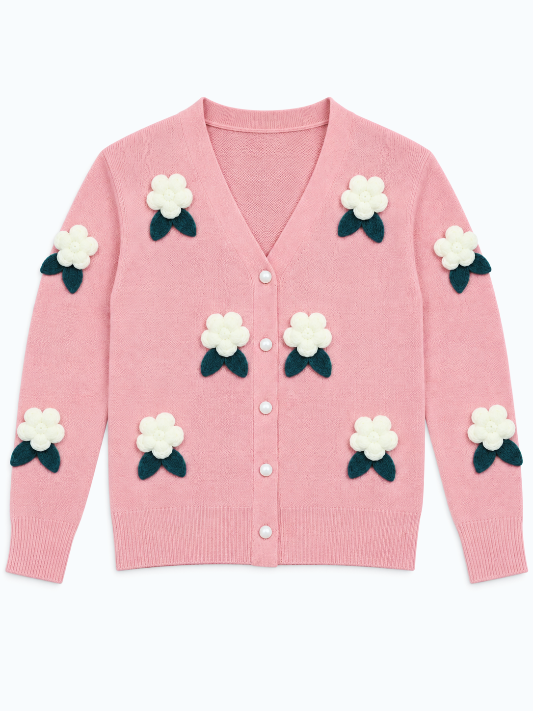 Pink 3D flower V-neck women's cardigan by Purple Imli – product shot