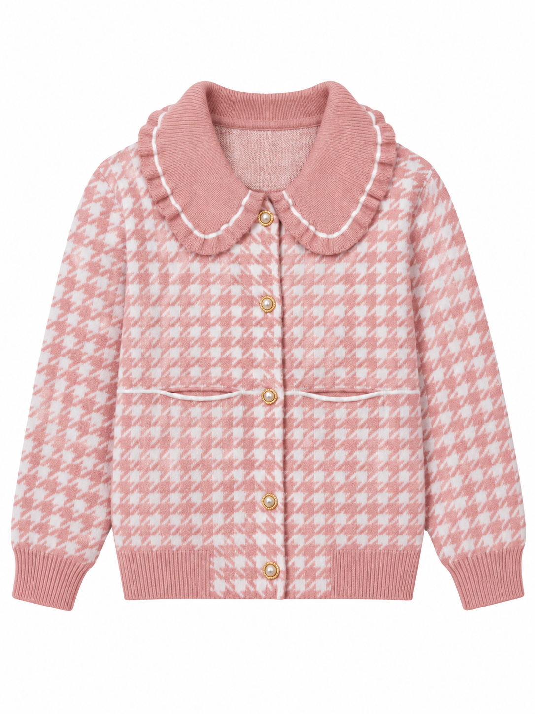 Pink houndtooth ruffle collar women's cardigan by Purple Imli – product shot