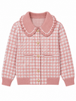 Pink houndtooth ruffle collar women's cardigan by Purple Imli – product shot