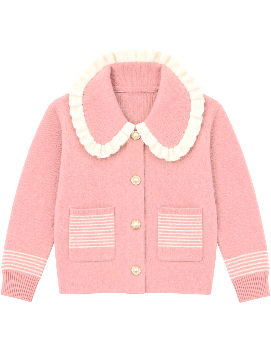 Pink striped pocket ruffle women's cardigan by Purple Imli – product shot