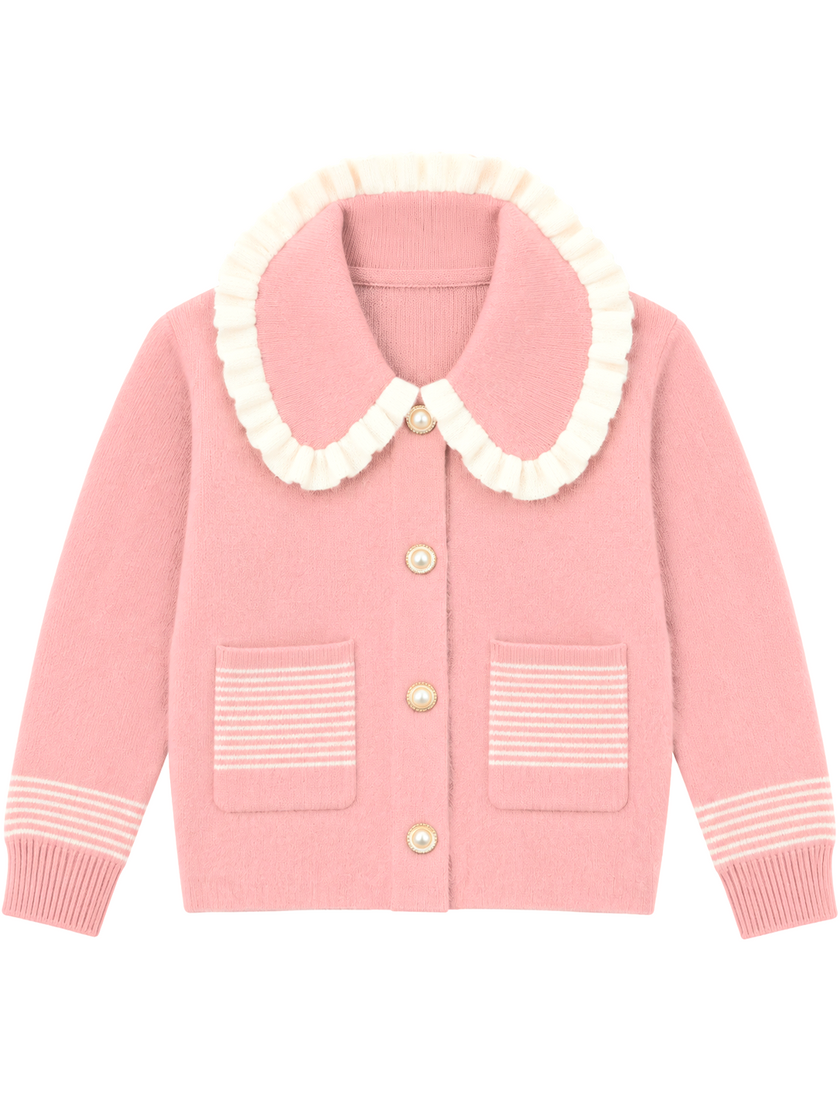 Pink striped pocket ruffle women's cardigan by Purple Imli – product shot