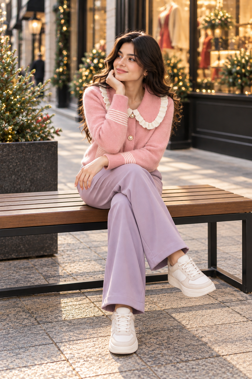 Woman wearing pink striped pocket ruffle cardigan by Purple Imli in a city street look