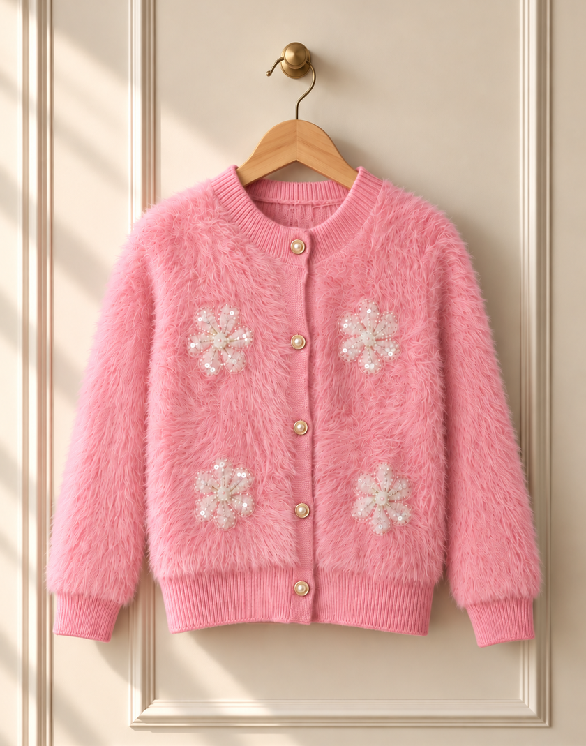 Close-up detail of pink fuzzy pearl flower women's cardigan by Purple Imli