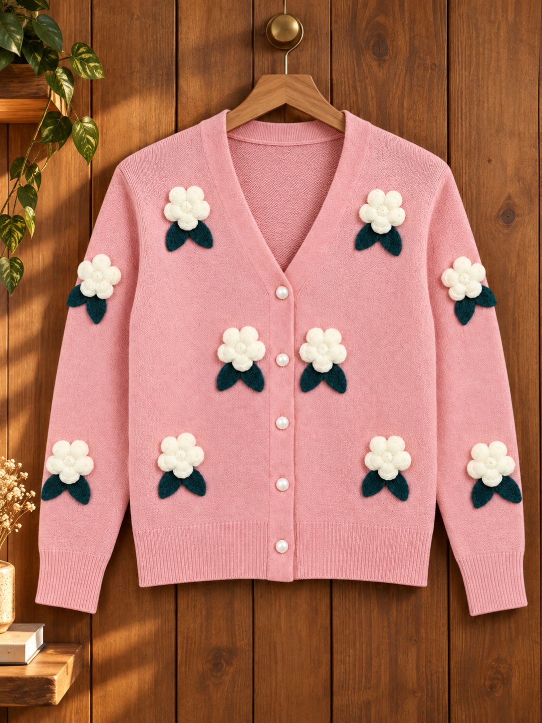 Close-up detail of pink 3D flower V-neck women's cardigan by Purple Imli