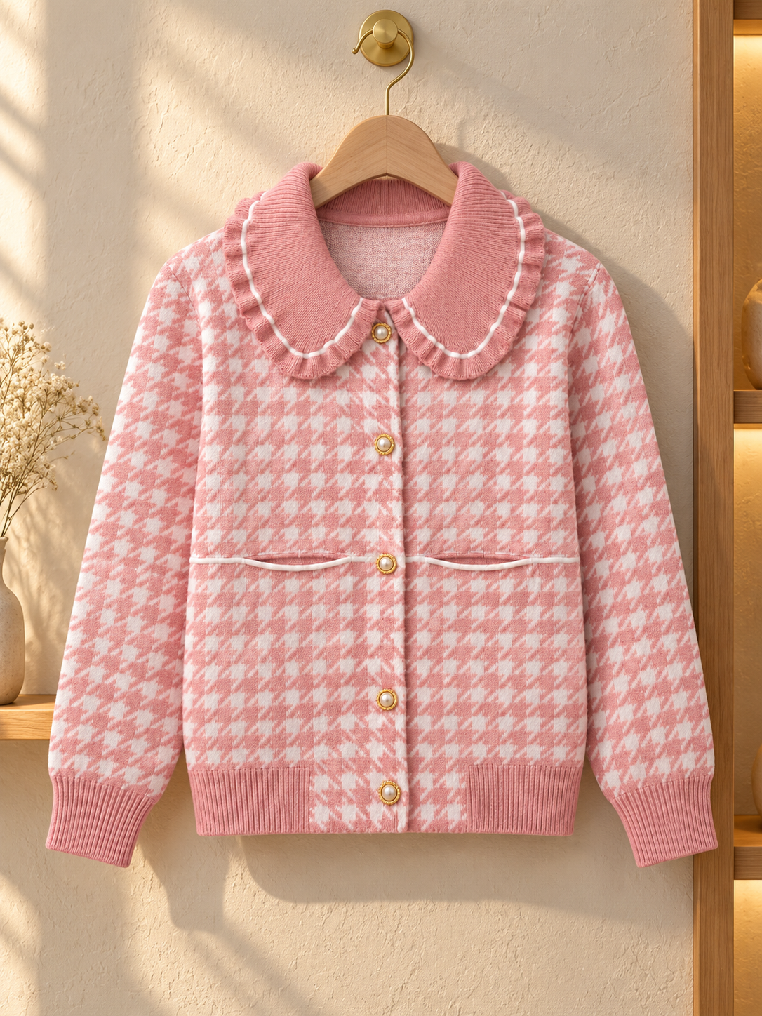 Close-up detail of pink houndtooth ruffle collar women's cardigan by Purple Imli