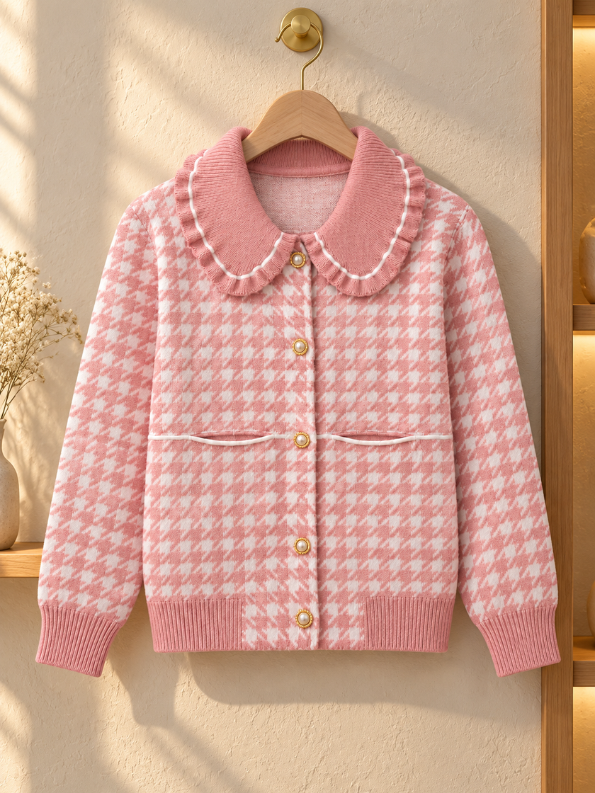 Close-up detail of pink houndtooth ruffle collar women's cardigan by Purple Imli
