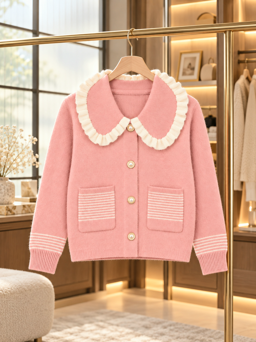 Close-up detail of pink striped pocket ruffle women's cardigan by Purple Imli