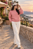 Pink bobble knit flower women's sweater by Purple Imli – front view