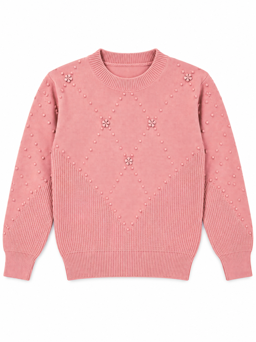 Pink bobble knit flower women's sweater by Purple Imli – product shot