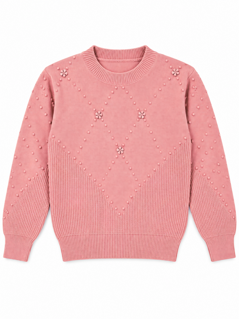 Pink bobble knit flower women's sweater by Purple Imli – product shot