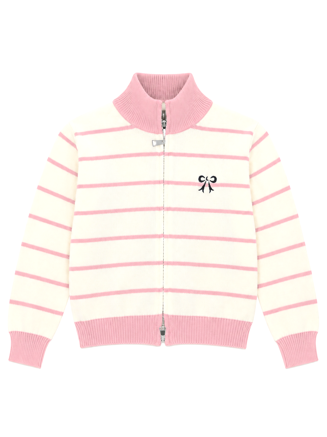 Pink striped bow zip-up women's sweater by Purple Imli – product shot